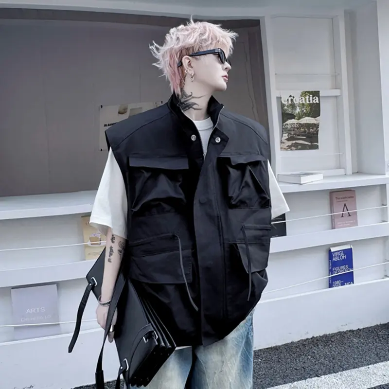 IEFB Men's Vest New Summer Solid Color Stand Collar Trendy Drawstring Multi Pockets Decoration Male Loose Clothing 2025 9W2109