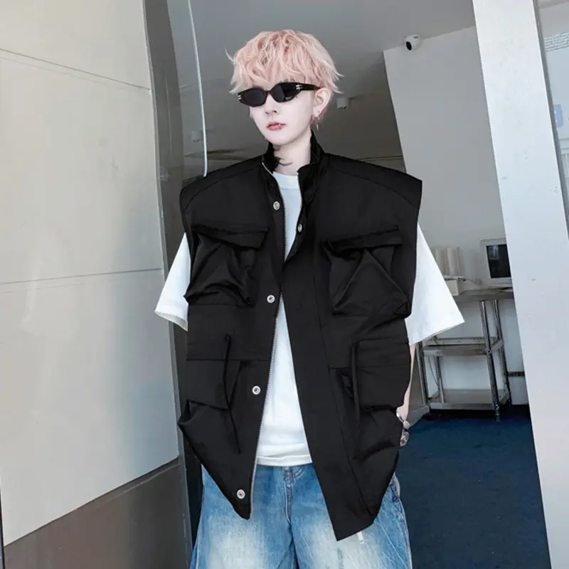 IEFB Men's Vest New Summer Solid Color Stand Collar Trendy Drawstring Multi Pockets Decoration Male Loose Clothing 2025 9W2109