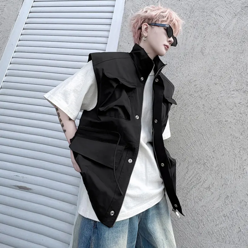 IEFB Men's Vest New Summer Solid Color Stand Collar Trendy Drawstring Multi Pockets Decoration Male Loose Clothing 2025 9W2109