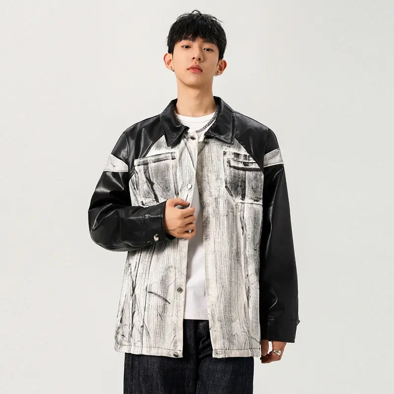 IEFB Niche Design Men's PU Leather Jackets Turn-down Collar Worn-out Contrast Color Single Breasted Loose Male Coats Chic 9W4215
