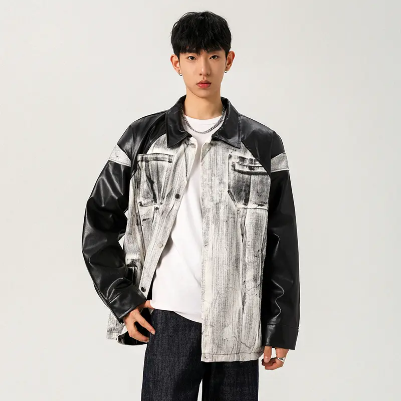 IEFB Niche Design Men's PU Leather Jackets Turn-down Collar Worn-out Contrast Color Single Breasted Loose Male Coats Chic 9W4215