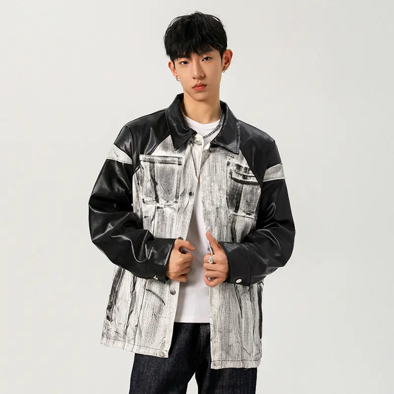 IEFB Niche Design Men's PU Leather Jackets Turn-down Collar Worn-out Contrast Color Single Breasted Loose Male Coats Chic 9W4215