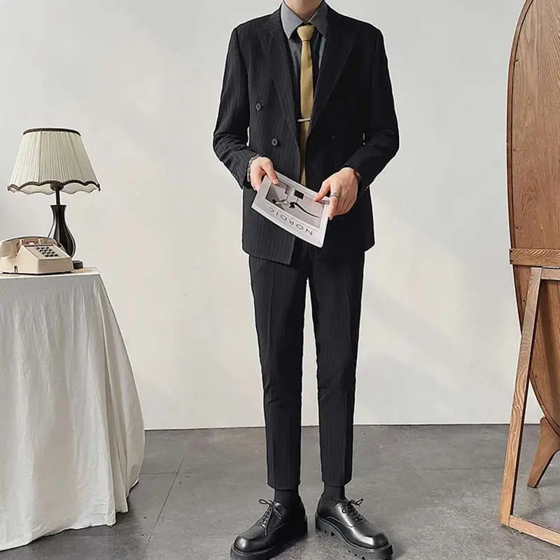 IEFB Business Men's Double Breasted Striped Suit Coat Set Male Classic Daily Clothing Trend Slim Vest Sets 2025 Spring 9C1052