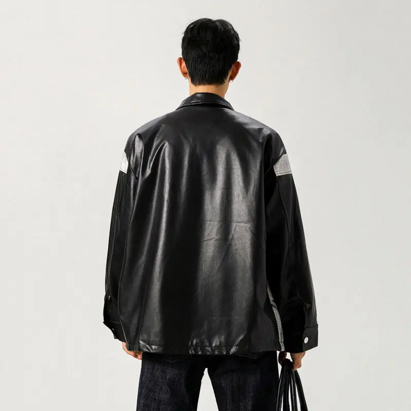 IEFB Niche Design Men's PU Leather Jackets Turn-down Collar Worn-out Contrast Color Single Breasted Loose Male Coats Chic 9W4215
