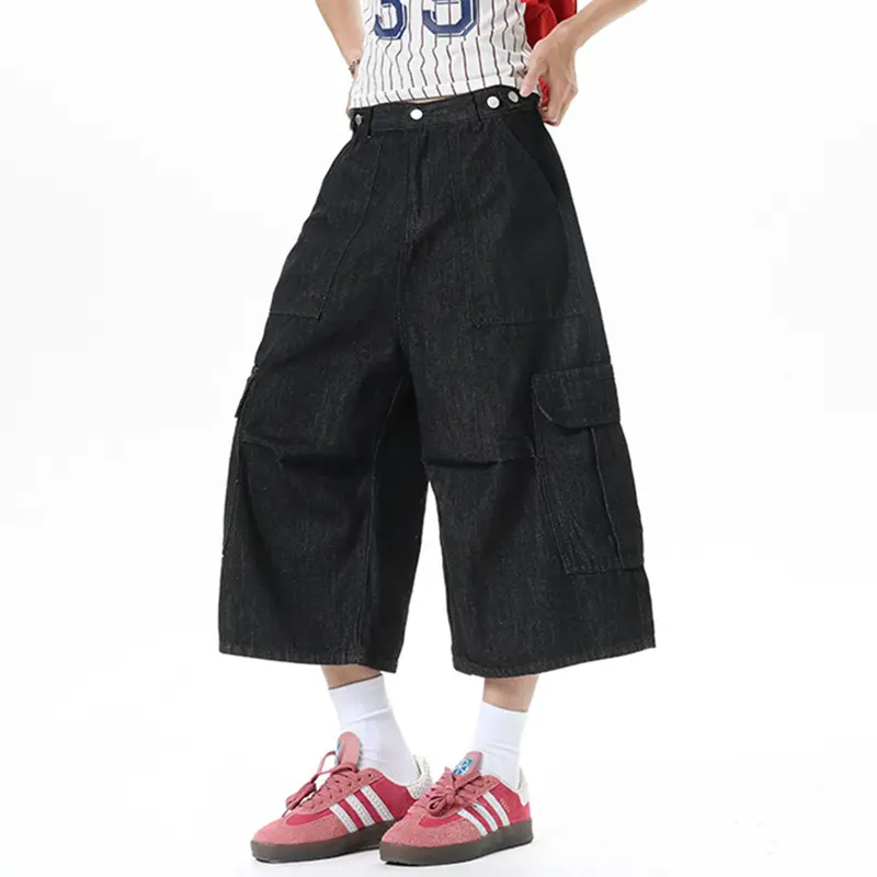 IEFB American Style Streetwear Male Baggy Jorts Large Pocket Cargo Denim Shorts Solid Color Black Men Over Knee Length 9W3431