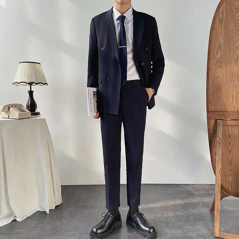 IEFB Business Men's Double Breasted Striped Suit Coat Set Male Classic Daily Clothing Trend Slim Vest Sets 2025 Spring 9C1052