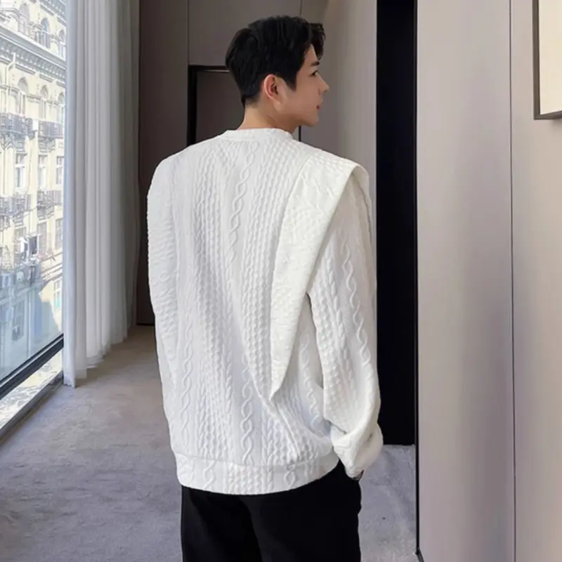 IEFB Men's Sweatshirts Spring Personalized Embossed Design Double Layered Loose Shoulder Hooded Male Solid Color Tops 9W2134