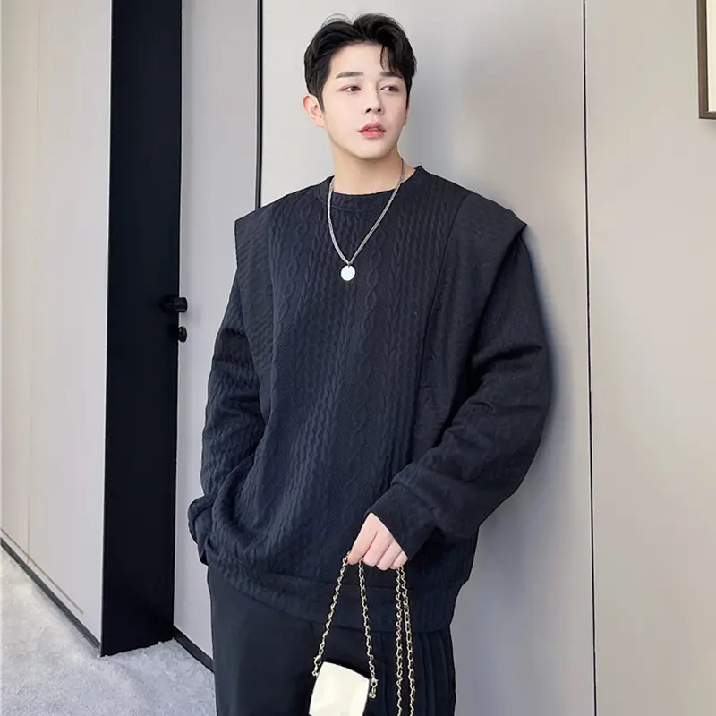 IEFB Men's Sweatshirts Spring Personalized Embossed Design Double Layered Loose Shoulder Hooded Male Solid Color Tops 9W2134