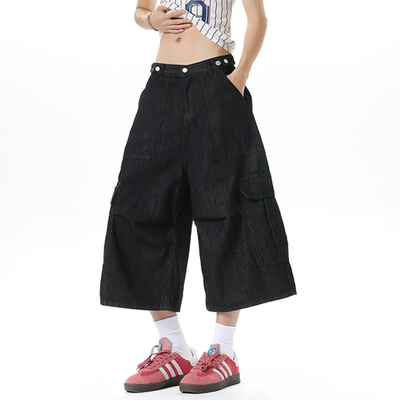IEFB American Style Streetwear Male Baggy Jorts Large Pocket Cargo Denim Shorts Solid Color Black Men Over Knee Length 9W3431