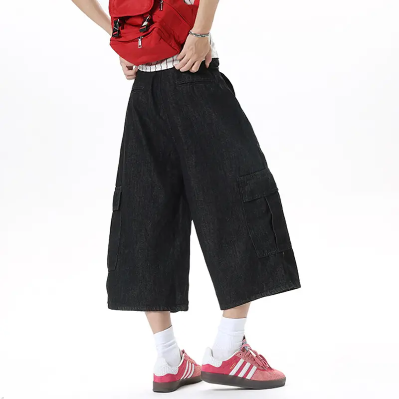 IEFB American Style Streetwear Male Baggy Jorts Large Pocket Cargo Denim Shorts Solid Color Black Men Over Knee Length 9W3431