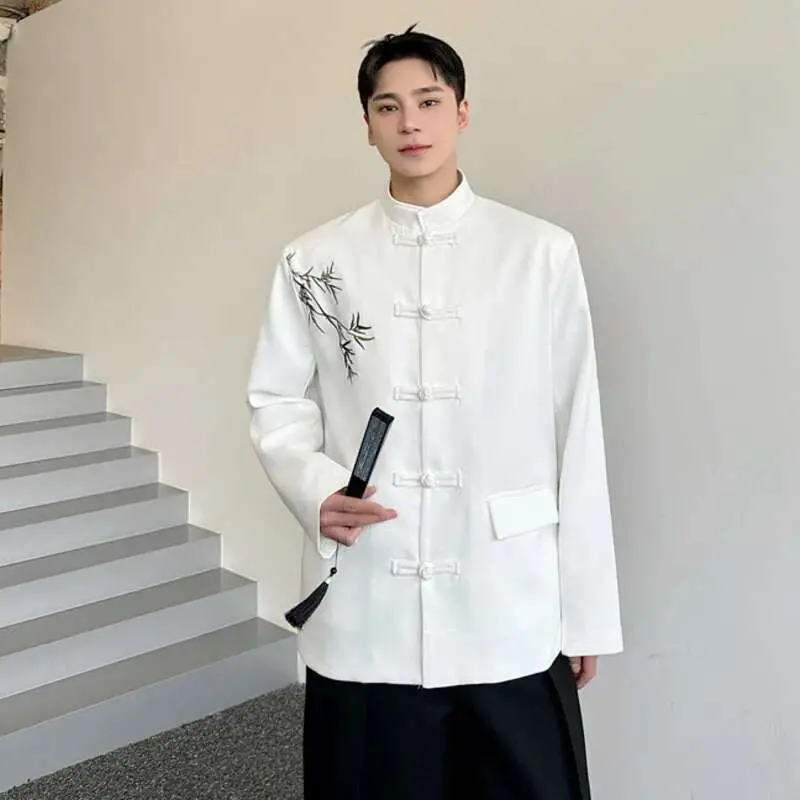 IEFB Men's Suit Coat New Chinese Style Embroidered Bamboo Pattern Stand Collar Male Blazer Spring Menwear Knot Button 9W1578
