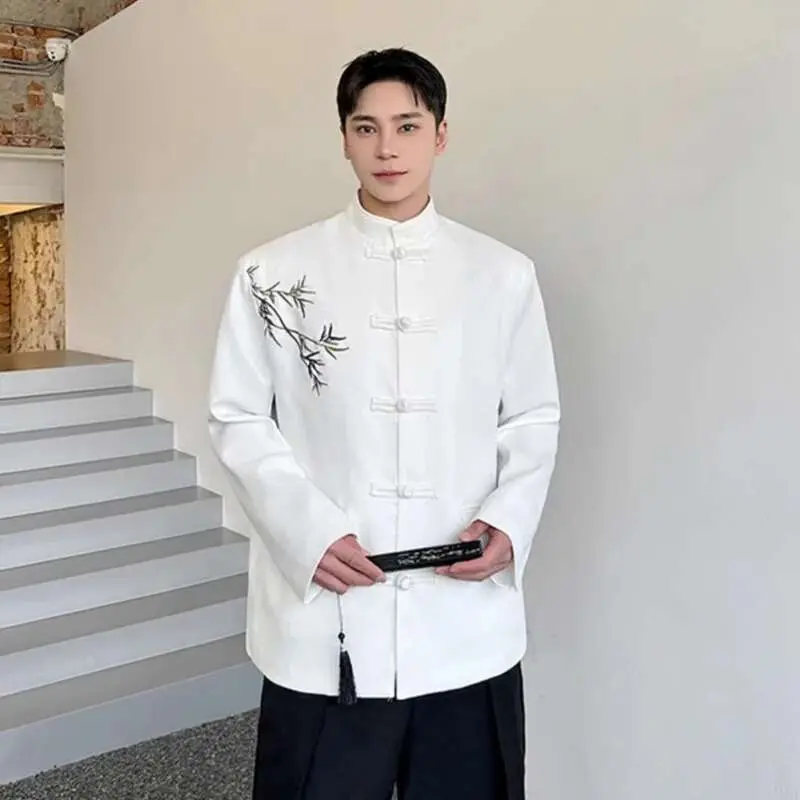 IEFB Men's Suit Coat New Chinese Style Embroidered Bamboo Pattern Stand Collar Male Blazer Spring Menwear Knot Button 9W1578