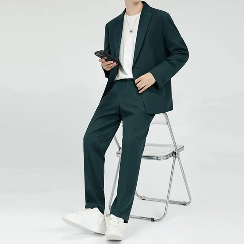 IEFB 2025 Autumn New Fashion Stylish Youth Suit Two Piece Set Solid Color Male Single Button Blazer Straight Pants Trendy 9W3779