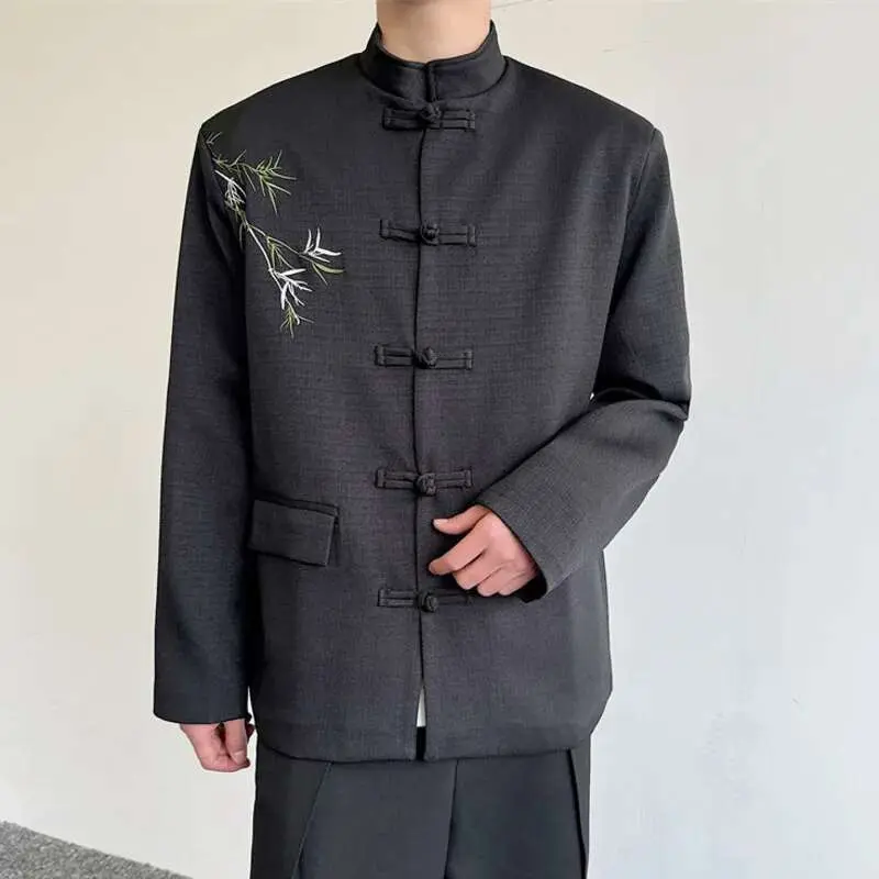 IEFB Men's Suit Coat New Chinese Style Embroidered Bamboo Pattern Stand Collar Male Blazer Spring Menwear Knot Button 9W1578