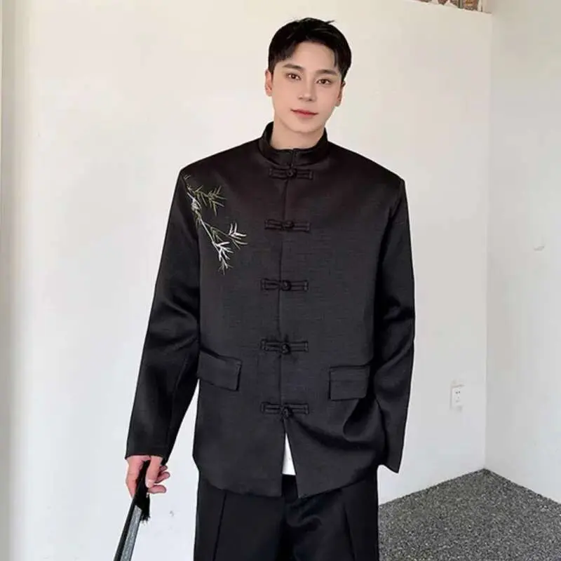 IEFB Men's Suit Coat New Chinese Style Embroidered Bamboo Pattern Stand Collar Male Blazer Spring Menwear Knot Button 9W1578