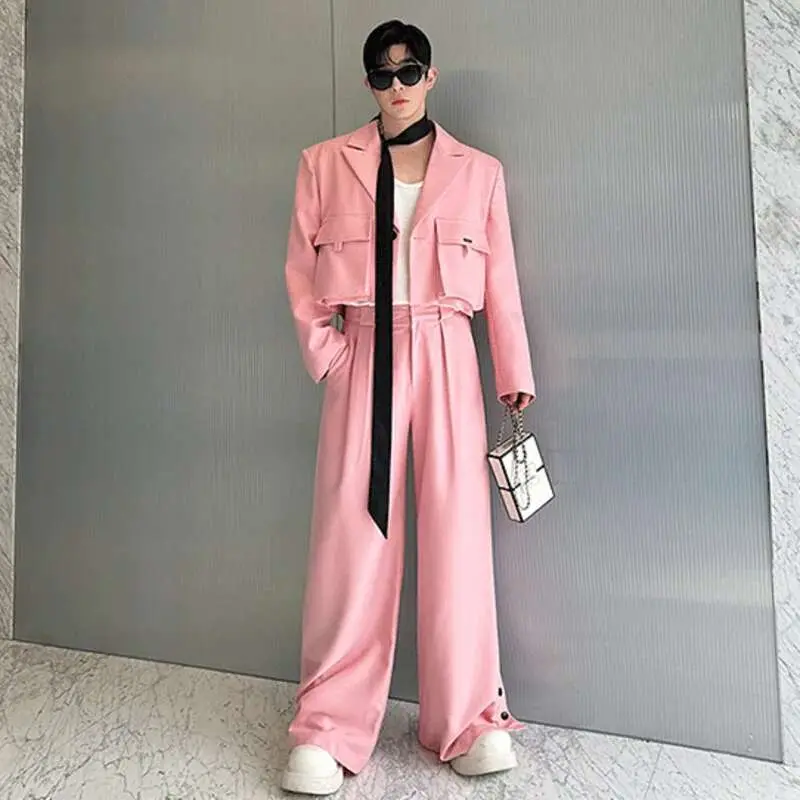 IEFB Niche Design Men's Sets Three-dimensional Pockets Single Button Short Jackets Solid Color Wide Leg Pants Male Sets 9C7473