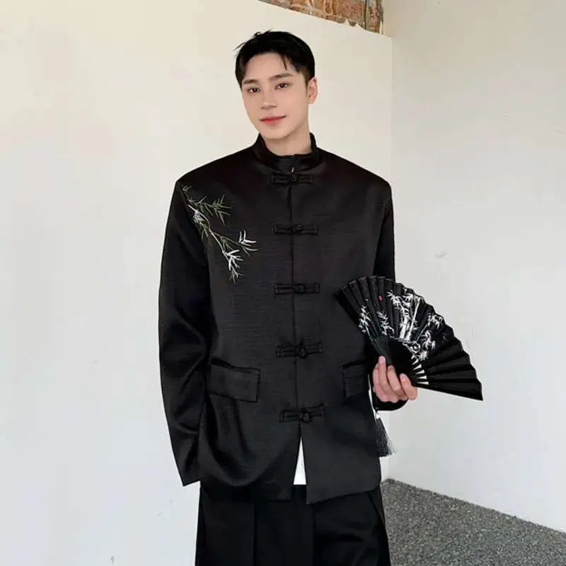 IEFB Men's Suit Coat New Chinese Style Embroidered Bamboo Pattern Stand Collar Male Blazer Spring Menwear Knot Button 9W1578