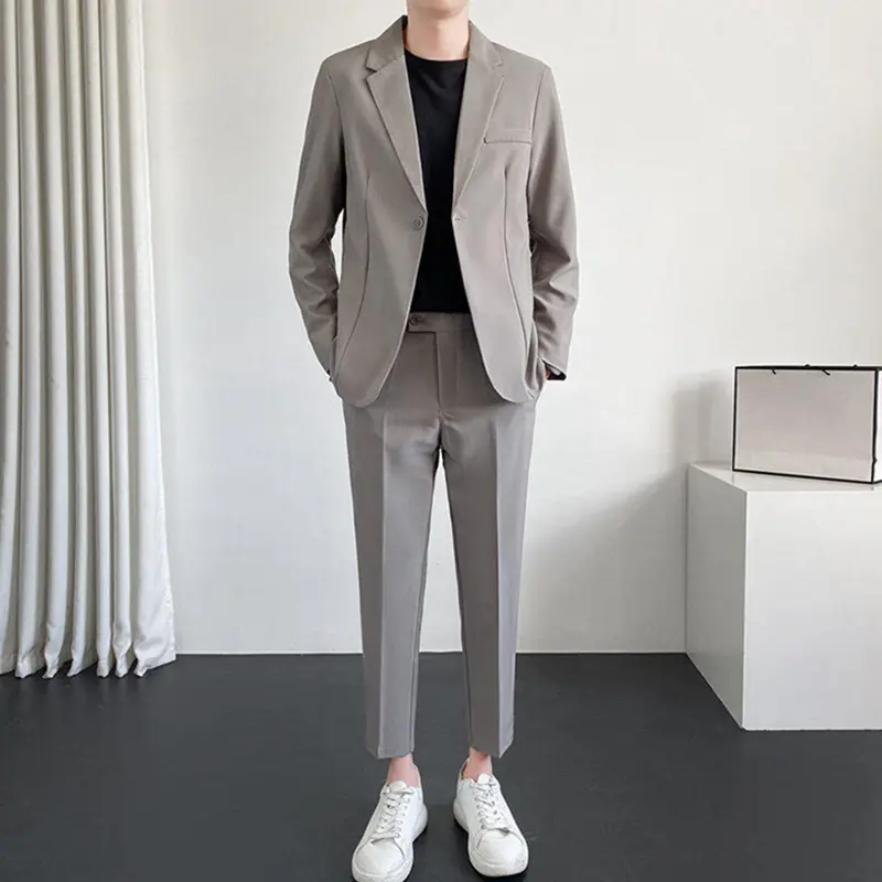 IEFB Business Casual Male Two-piece Solid Color Men Set Single Button Suit Jacket Slim Ninth Pants Autumn New Trendy 9W3785