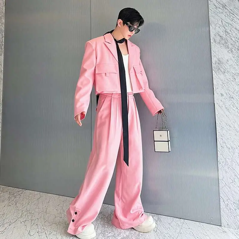 IEFB Niche Design Men's Sets Three-dimensional Pockets Single Button Short Jackets Solid Color Wide Leg Pants Male Sets 9C7473