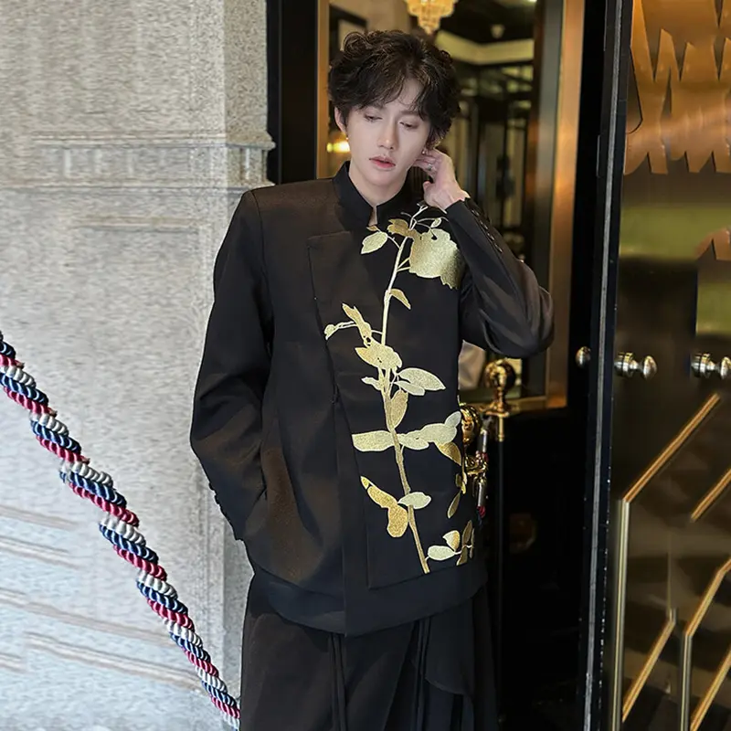IEFB Men's Suit New Chinese Style Embroidered Handsome Stand Collar Single Breasted Chic Male Casual Tops Spring 9W1935