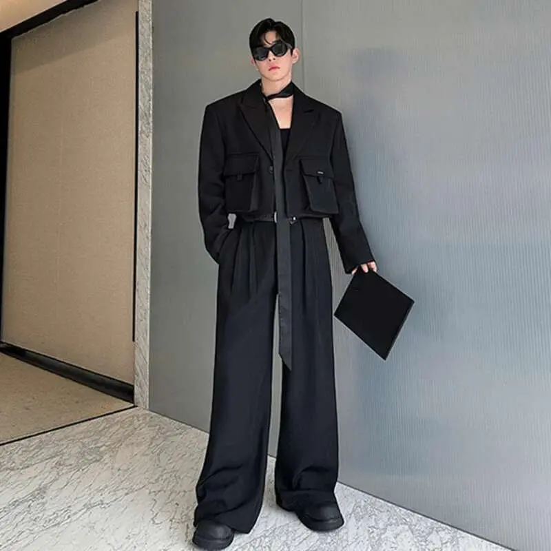 IEFB Niche Design Men's Sets Three-dimensional Pockets Single Button Short Jackets Solid Color Wide Leg Pants Male Sets 9C7473