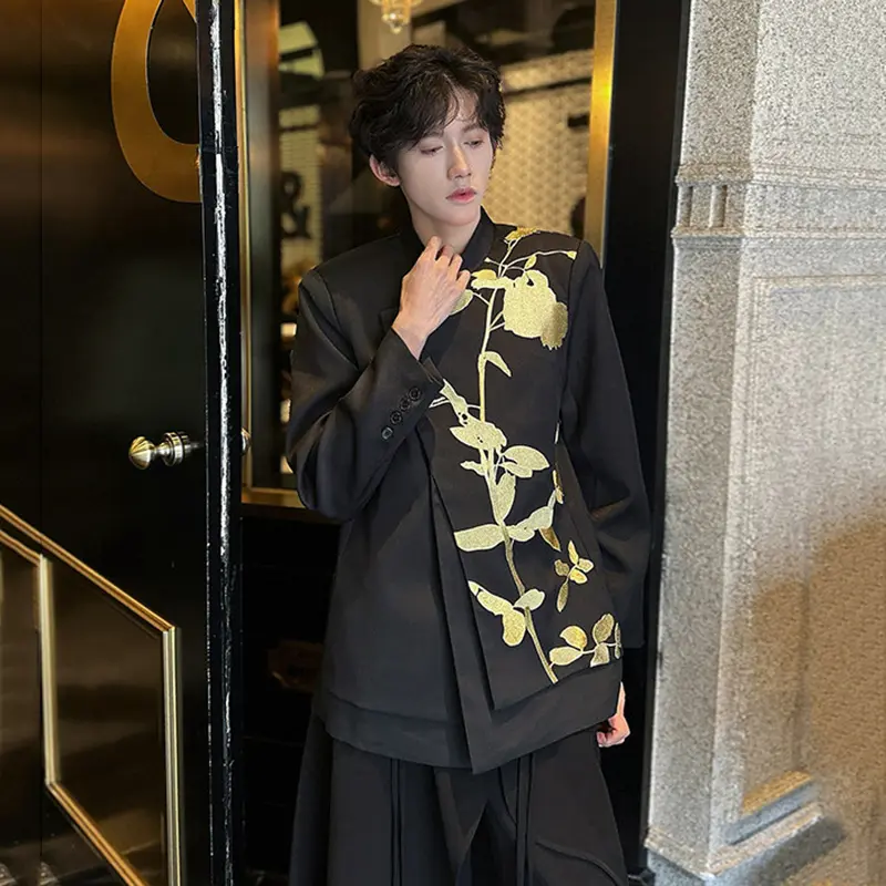 IEFB Men's Suit New Chinese Style Embroidered Handsome Stand Collar Single Breasted Chic Male Casual Tops Spring 9W1935