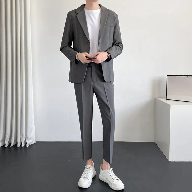 IEFB Business Casual Male Two-piece Solid Color Men Set Single Button Suit Jacket Slim Ninth Pants Autumn New Trendy 9W3785