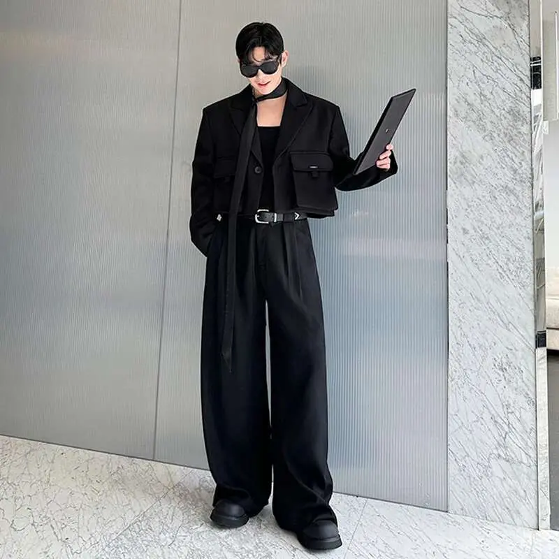 IEFB Niche Design Men's Sets Three-dimensional Pockets Single Button Short Jackets Solid Color Wide Leg Pants Male Sets 9C7473