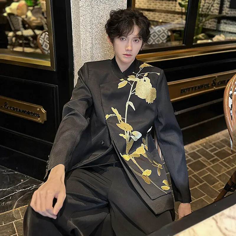 IEFB Men's Suit New Chinese Style Embroidered Handsome Stand Collar Single Breasted Chic Male Casual Tops Spring 9W1935