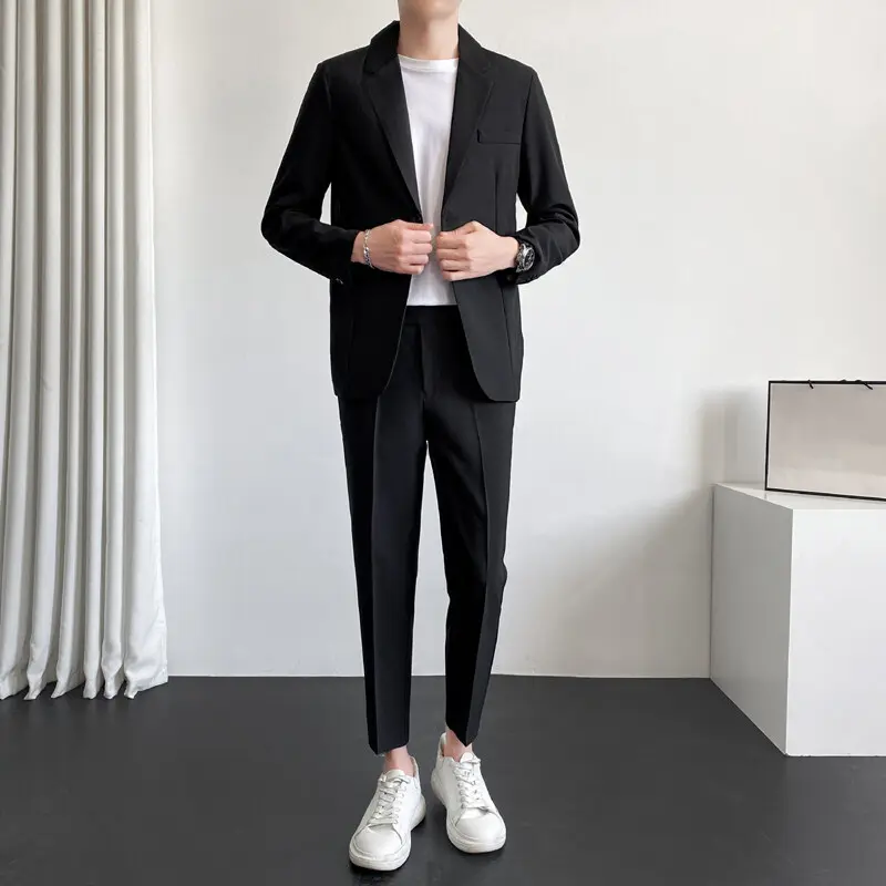 IEFB Business Casual Male Two-piece Solid Color Men Set Single Button Suit Jacket Slim Ninth Pants Autumn New Trendy 9W3785