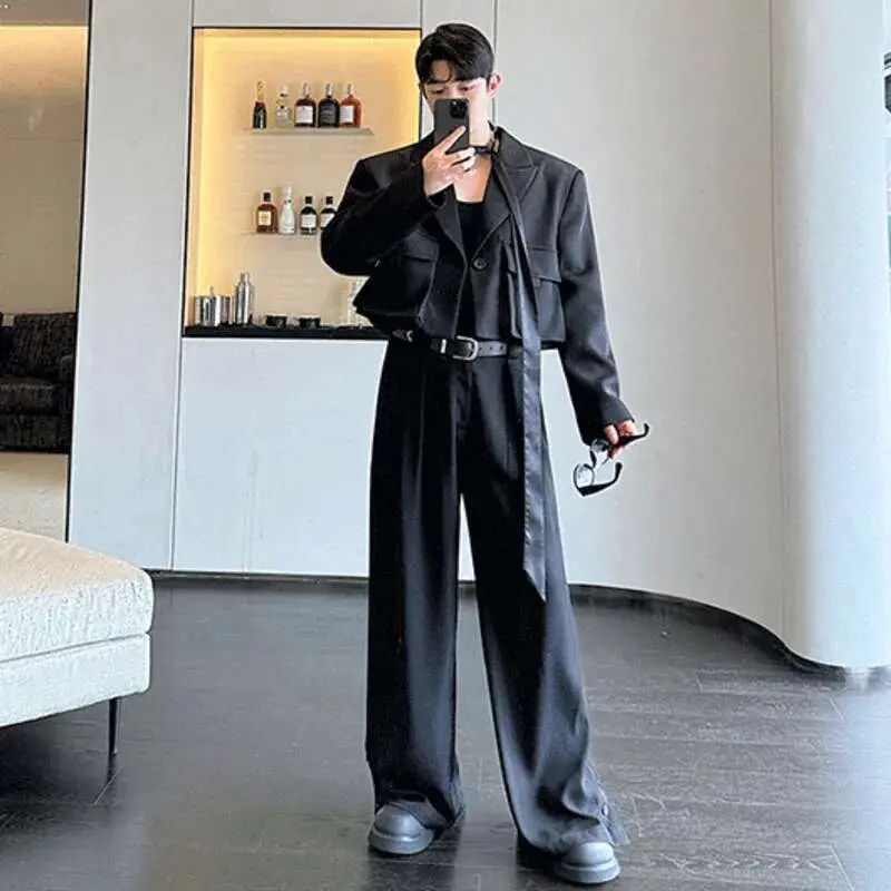 IEFB Niche Design Men's Sets Three-dimensional Pockets Single Button Short Jackets Solid Color Wide Leg Pants Male Sets 9C7473