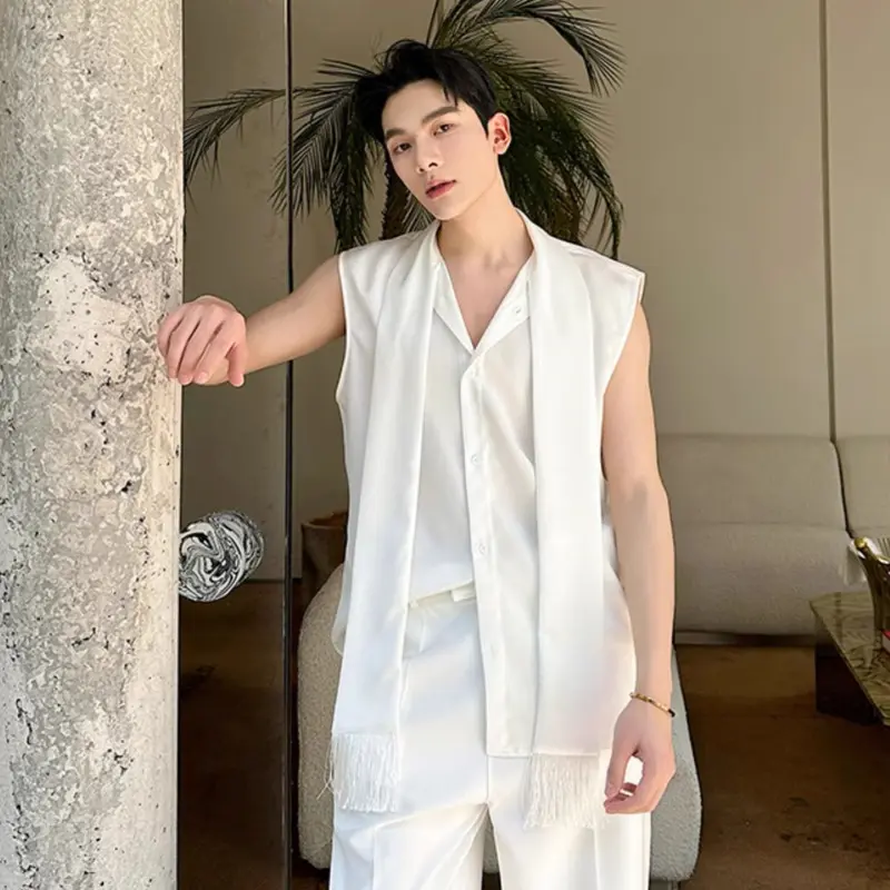 IEFB New Summer Men's Shirts Sleeveless Trend Korean Style Casual Solid Color Ribbon Design Single Breasted Male Tops 9W2006