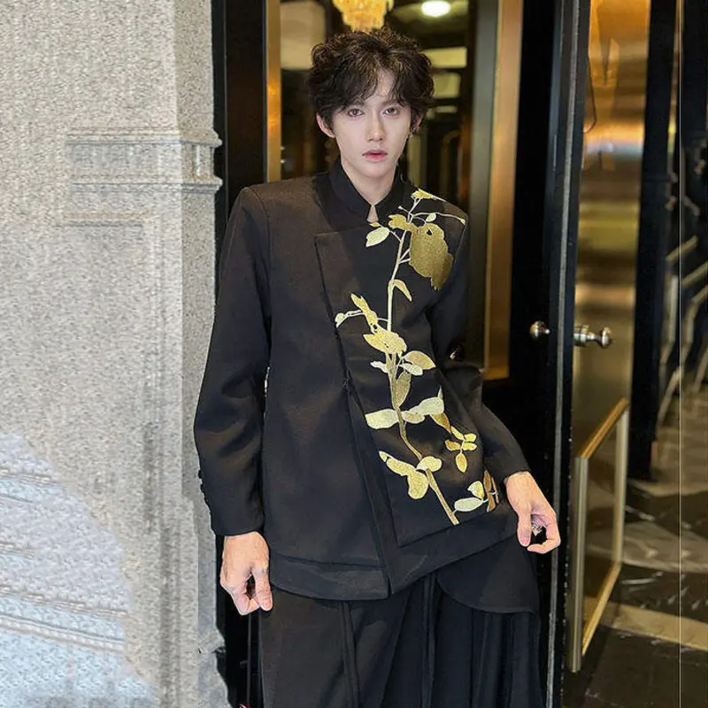 IEFB Men's Suit New Chinese Style Embroidered Handsome Stand Collar Single Breasted Chic Male Casual Tops Spring 9W1935