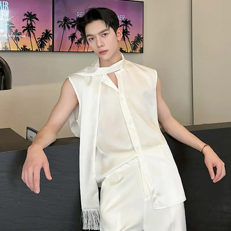 IEFB New Summer Men's Shirts Sleeveless Trend Korean Style Casual Solid Color Ribbon Design Single Breasted Male Tops 9W2006