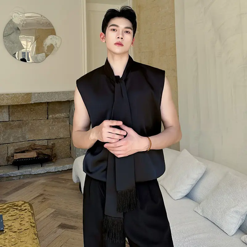IEFB New Summer Men's Shirts Sleeveless Trend Korean Style Casual Solid Color Ribbon Design Single Breasted Male Tops 9W2006