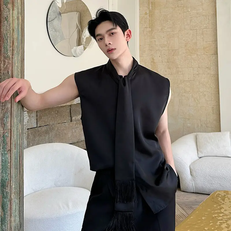 IEFB New Summer Men's Shirts Sleeveless Trend Korean Style Casual Solid Color Ribbon Design Single Breasted Male Tops 9W2006
