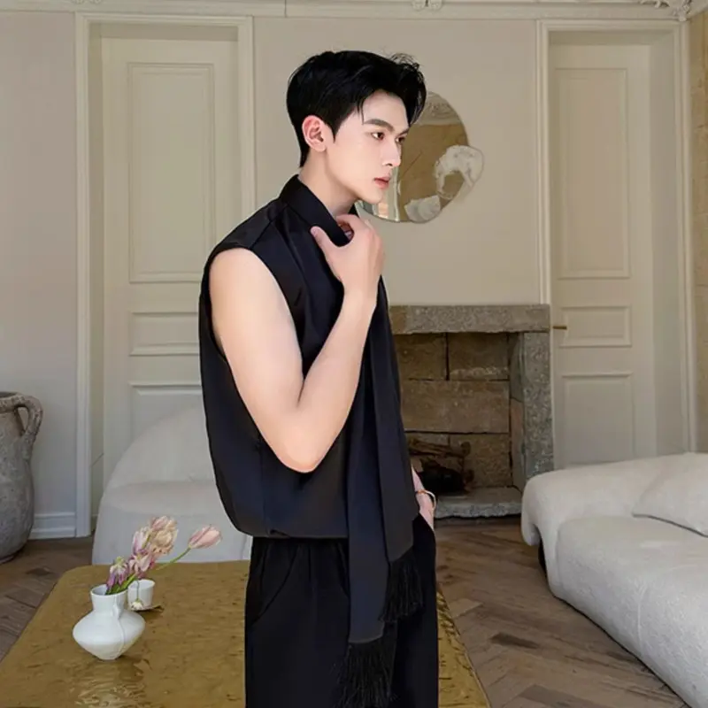 IEFB New Summer Men's Shirts Sleeveless Trend Korean Style Casual Solid Color Ribbon Design Single Breasted Male Tops 9W2006