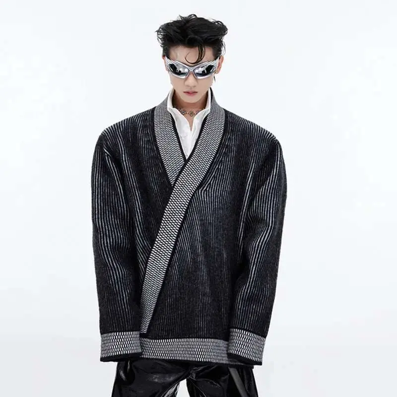 IEFB Men Wool Sweaters Niche Design V-neck Loose Knit Sweater With Sloping Placket Loose 2025 Spring Clothing Trend Top 9C1978