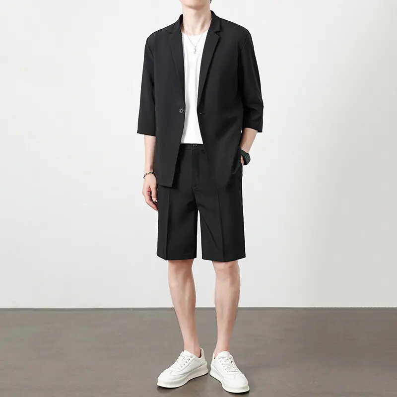 IEFB Summer Ins Casual Suit Set Men Korean Style Trendy Handsome Three Quarter Sleeve Blazer Knee Length Shorts Male 9W3781