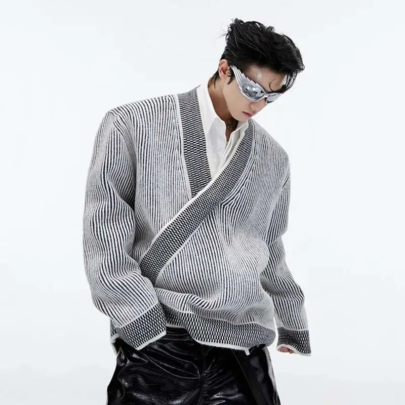 IEFB Men Wool Sweaters Niche Design V-neck Loose Knit Sweater With Sloping Placket Loose 2025 Spring Clothing Trend Top 9C1978