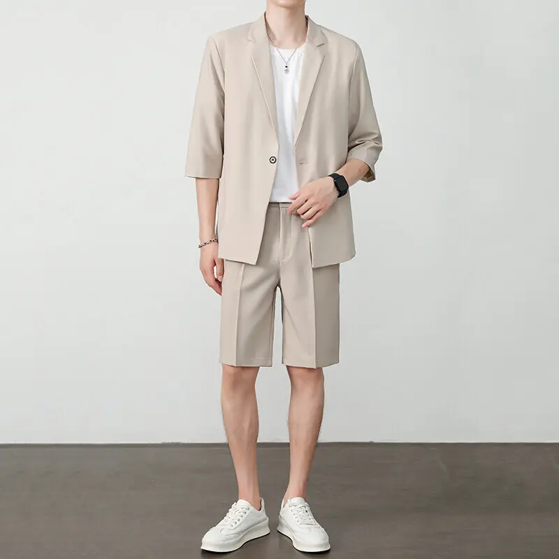 IEFB Summer Ins Casual Suit Set Men Korean Style Trendy Handsome Three Quarter Sleeve Blazer Knee Length Shorts Male 9W3781