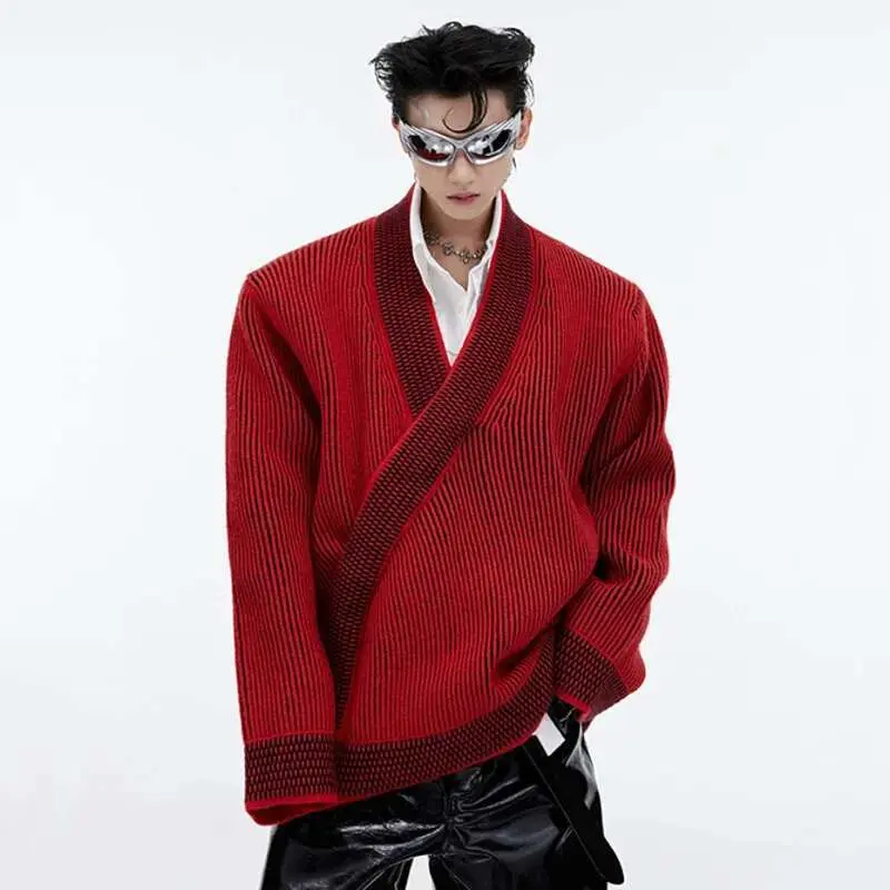 IEFB Men Wool Sweaters Niche Design V-neck Loose Knit Sweater With Sloping Placket Loose 2025 Spring Clothing Trend Top 9C1978