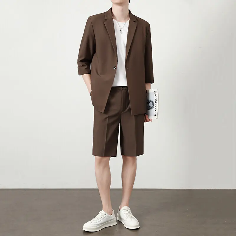 IEFB Summer Ins Casual Suit Set Men Korean Style Trendy Handsome Three Quarter Sleeve Blazer Knee Length Shorts Male 9W3781