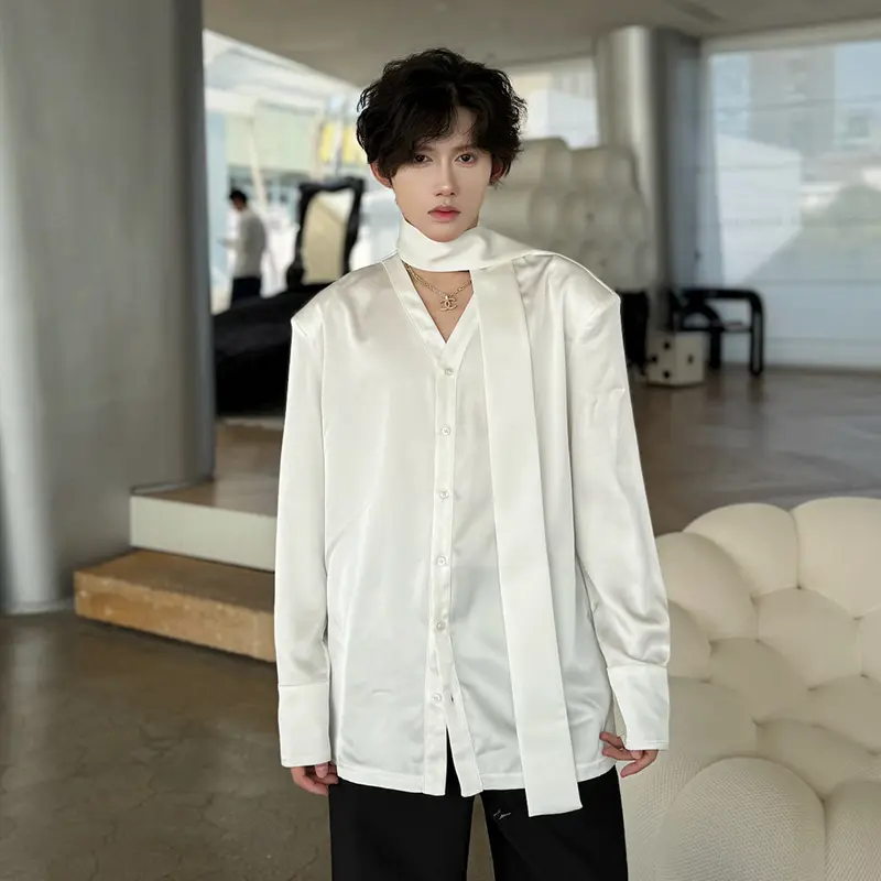 IEFB Men's Long Sleeve Shirts New Korean Style Ribbon Design Personalized Solid Color Single Breasted Trendy Male Tees 9W2179