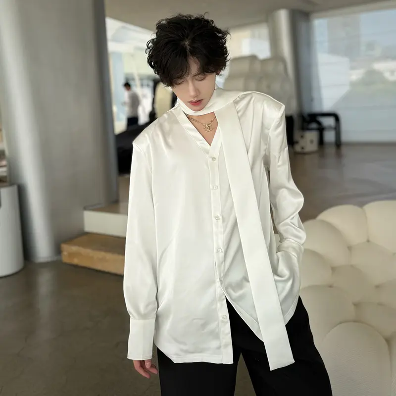 IEFB Men's Long Sleeve Shirts New Korean Style Ribbon Design Personalized Solid Color Single Breasted Trendy Male Tees 9W2179