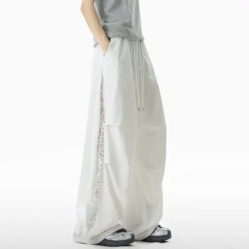 IEFB Summer Wide Leg Trousers Men New Fashion Trend Simple Quick Dry Lace Patchwork Street Dance Pants Elastic Waist  9W3262