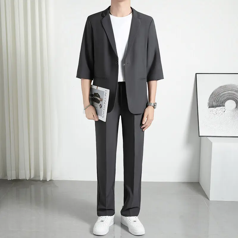IEFB Summer Fashion Men's Two Piece Set Three Quarter Sleeve Single Button Balzer Straight Leg Cropped Suit Trousers 9W3782