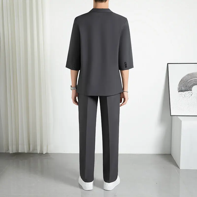 IEFB Summer Fashion Men's Two Piece Set Three Quarter Sleeve Single Button Balzer Straight Leg Cropped Suit Trousers 9W3782