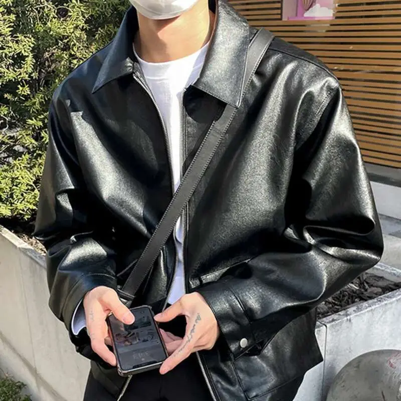IEFB Korean Style Lapel Men PU Leather Jacket Biker Clothing 2024 New Autumn Zipper Coats Simple Loose Solid Color Tops 9A1170