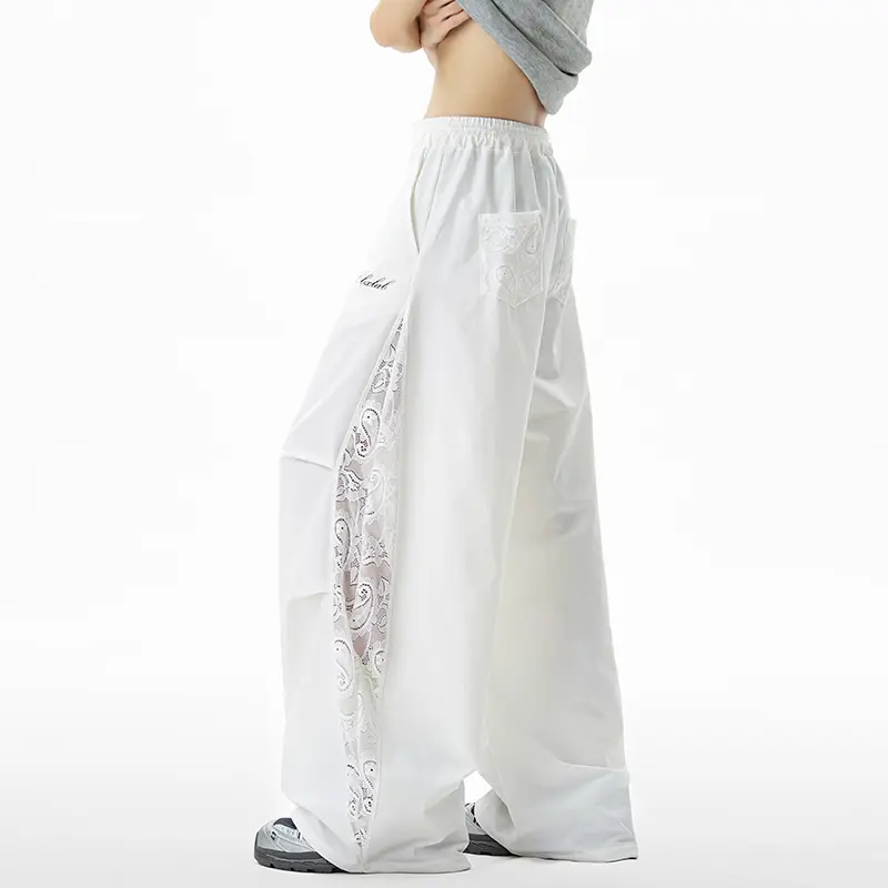 IEFB Summer Wide Leg Trousers Men New Fashion Trend Simple Quick Dry Lace Patchwork Street Dance Pants Elastic Waist  9W3262